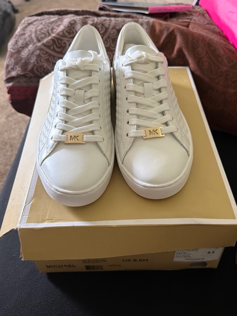 Michael Kors White Leather Low-Top Sneakers with Gold MK Hardware